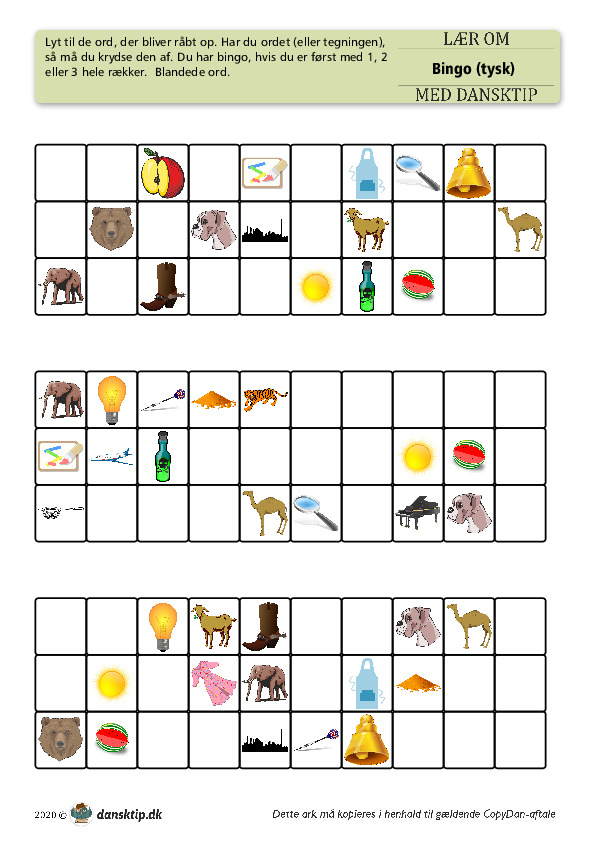 Kopiark/opgave:Bingo tysk 25 ord mix 1