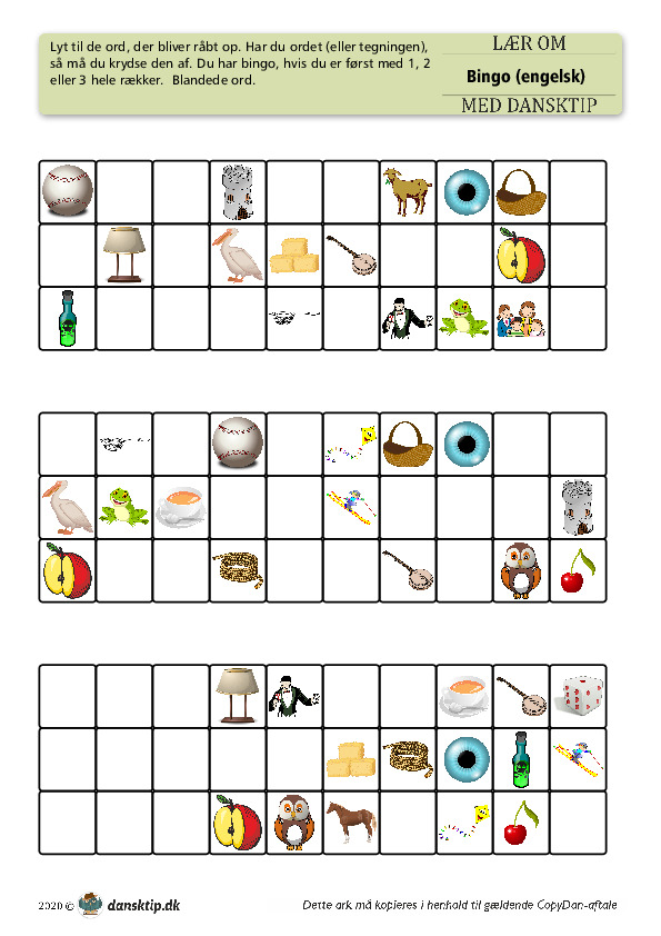 Kopiark/opgave:Bingo engelsk 25 ord mix 1